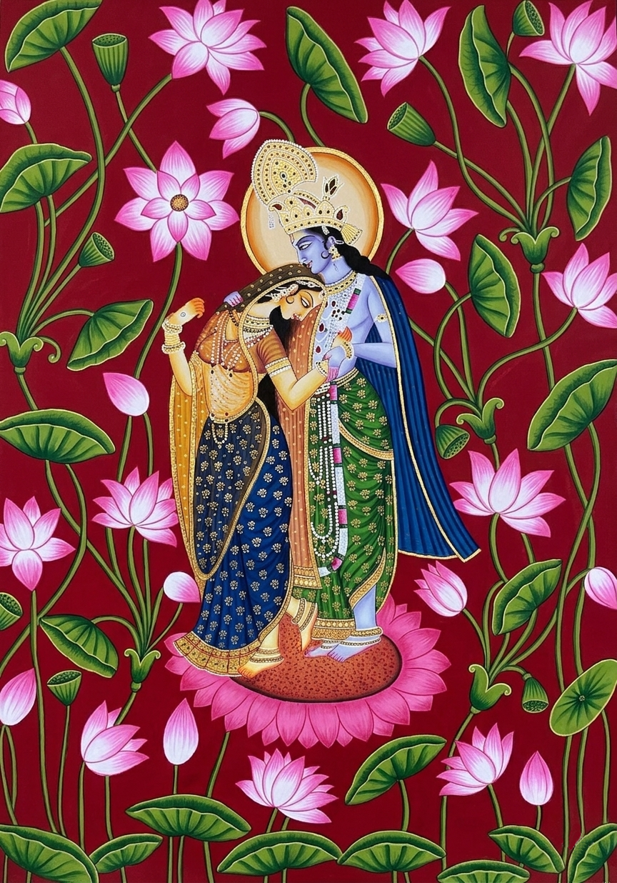 Radha Krishna Detailed Pichwai Handmade Painting, Traditional Nathdwara Art, Spiritual Indian Artwork, Luxury Home Decor