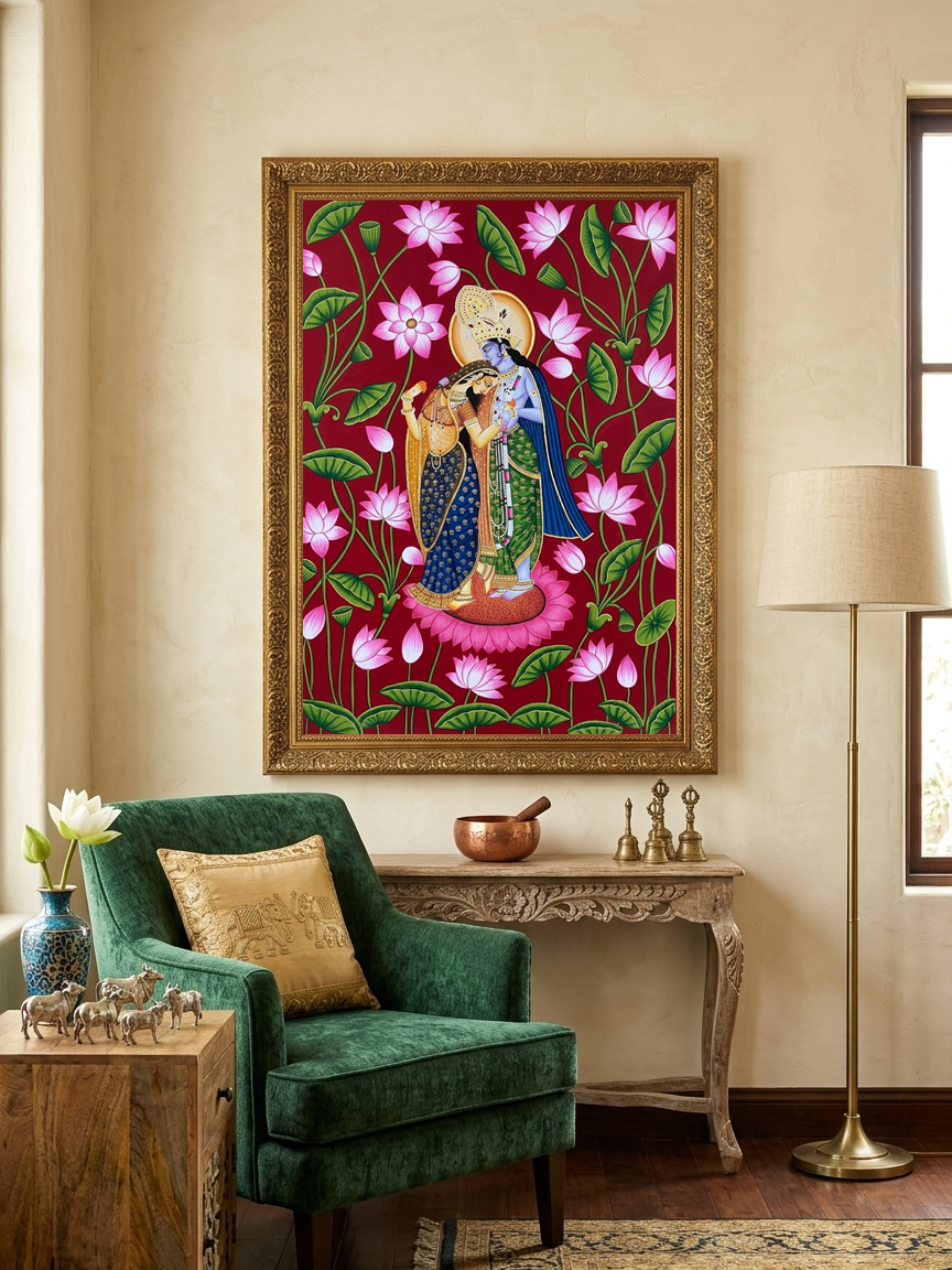 Radha Krishna Detailed Pichwai Handmade Painting, Traditional Nathdwara Art, Spiritual Indian Artwork, Luxury Home Decor