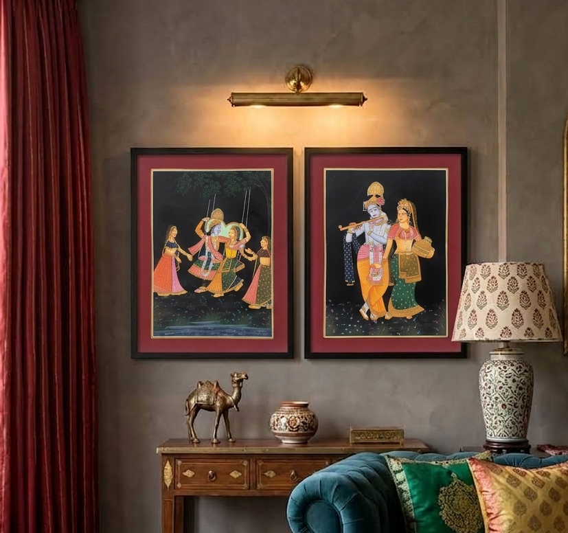 Radha Krishna Traditional Indian Miniature Painting – Set of Two – Framed