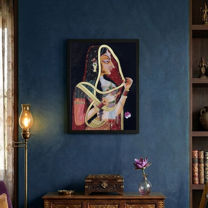 Rajasthani Royal Lady with Lotus Flowers – Traditional Indian Miniature Painting | Framed