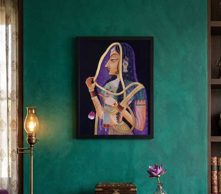 Rajasthani Royal Lady with Lotus Flowers – Traditional Indian Miniature Painting | Framed