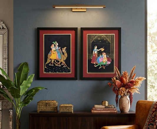 Hand Painted Indian Miniature Painting on Paper | Traditional Rajasthani Art | Set of Two | Framed