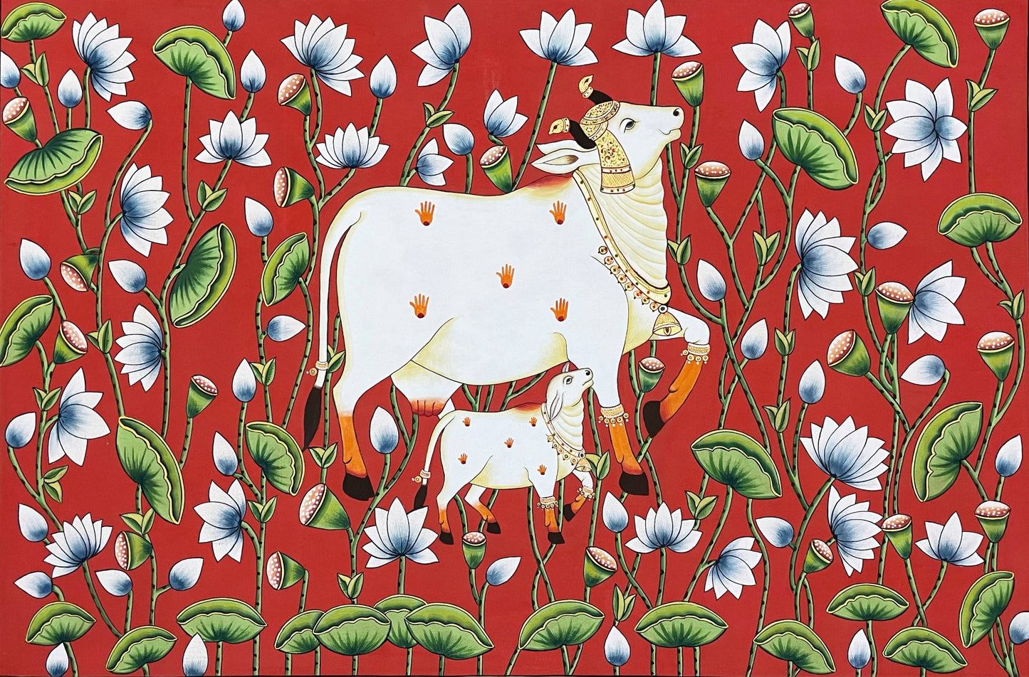 Cow Pichwai Painting – Large Traditional Indian Wall Art, Handmade Pichwai Home Decor, Rajasthani Cow Artwork for Living Room & Luxury Interiors