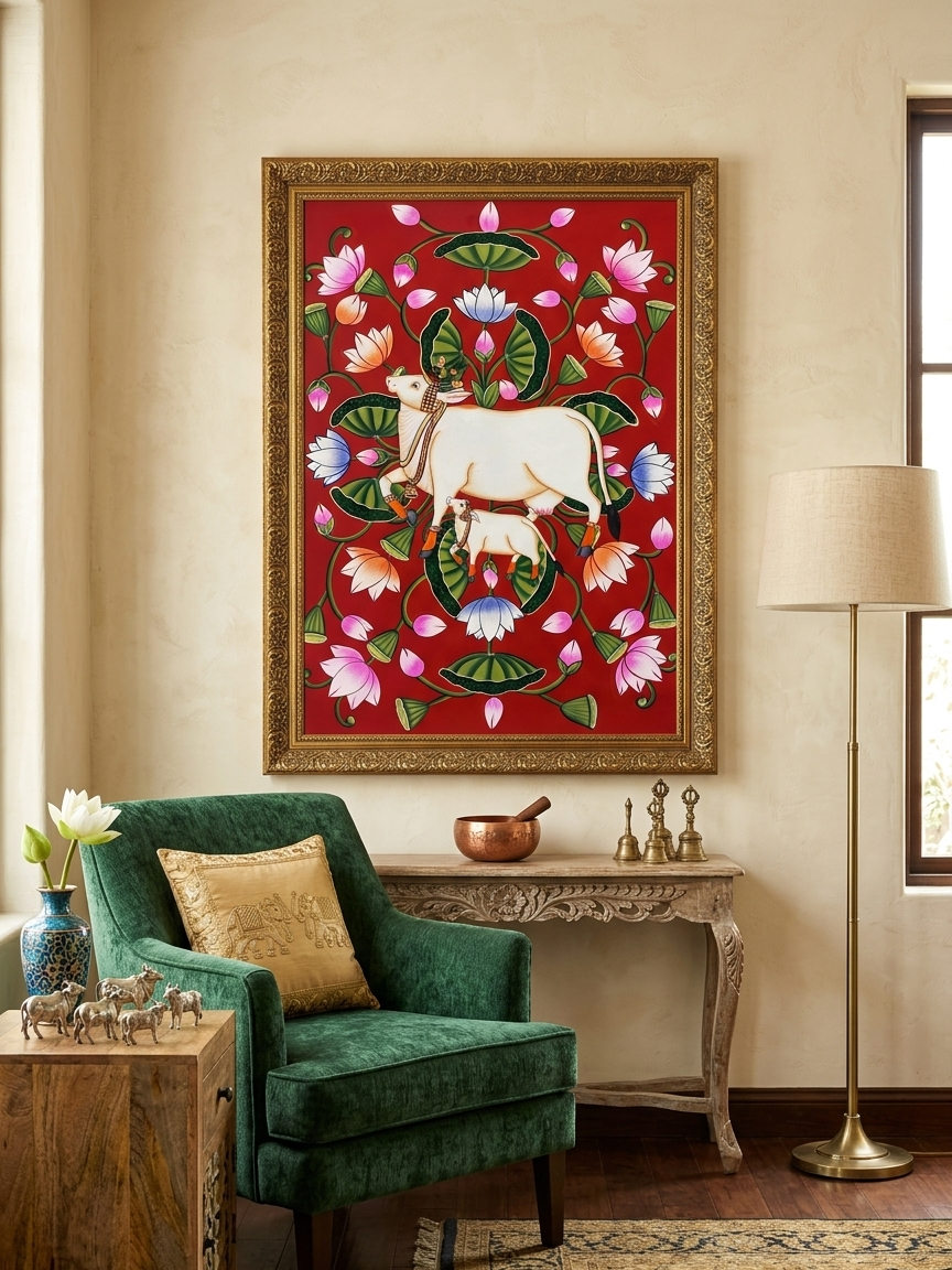 Cow Pichwai Painting | Traditional Nathdwara Art | Shrinathji Gau Mata Wall Decor | Handmade Indian Pichwai Artwork