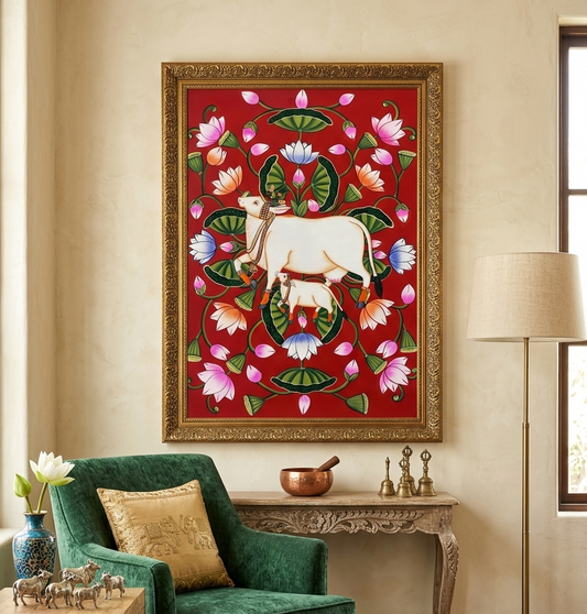 Cow Pichwai Painting | Traditional Nathdwara Art | Shrinathji Gau Mata Wall Decor | Handmade Indian Pichwai Artwork