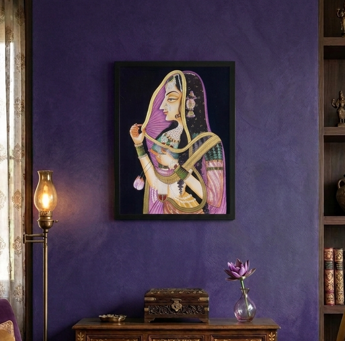 Rajasthani Royal Lady with Lotus Flowers – Traditional Indian Miniature Painting | Framed