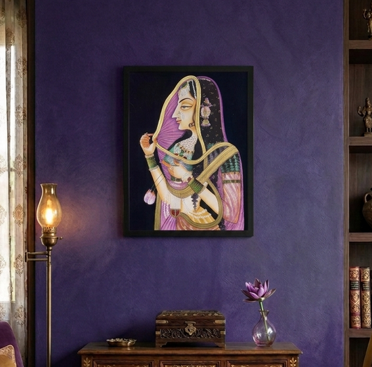 Rajasthani Royal Lady with Lotus Flowers – Traditional Indian Miniature Painting | Framed