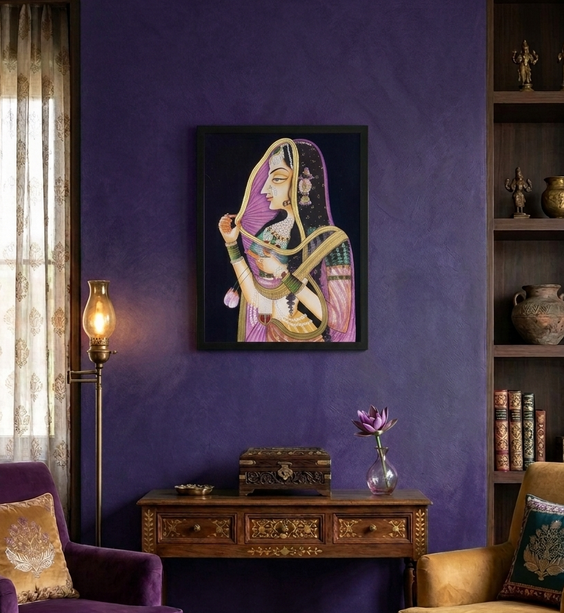 Rajasthani Royal Lady with Lotus Flowers – Traditional Indian Miniature Painting | Framed