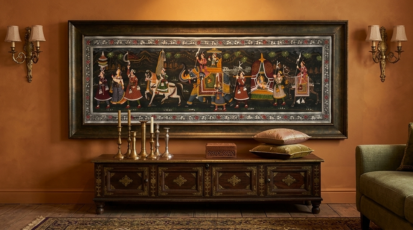 Royal Procession Painting Handmade Rajasthani Folk Art on Fabric, Indian Royal Procession Wall Art, Traditional Ethnic Decor for Living Room
