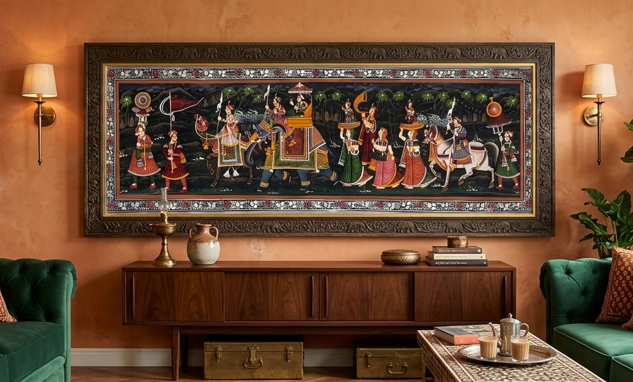 Royal Procession Painting Handmade Rajasthani Folk Art on Fabric, Indian Royal Procession Wall Art, Traditional Ethnic Decor for Living Room