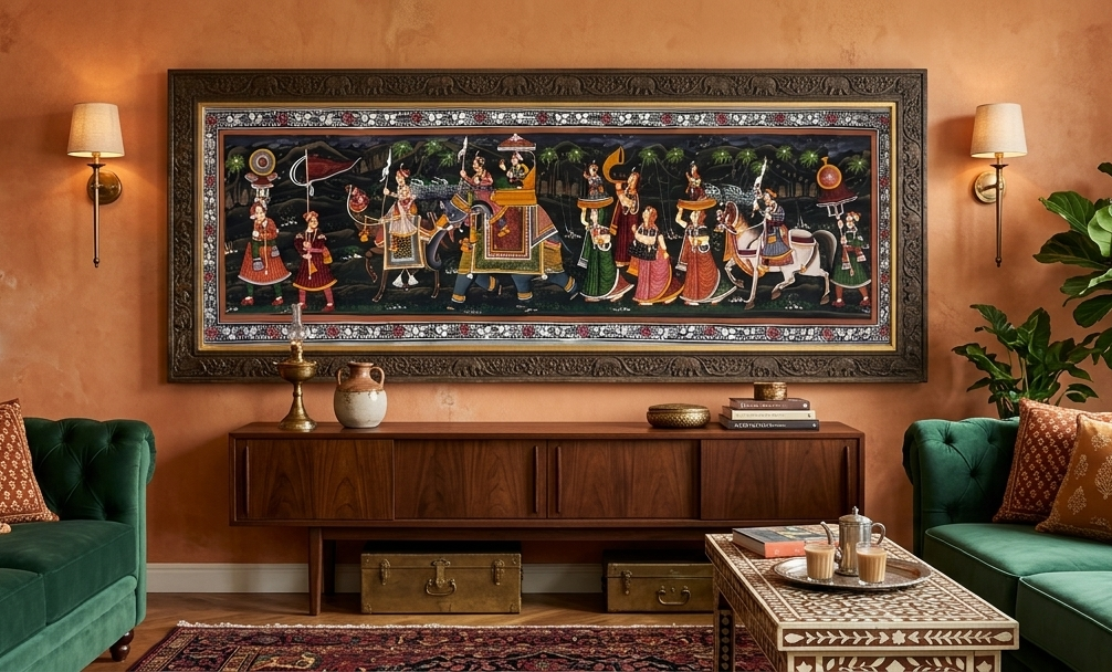 Royal Procession Painting Handmade Rajasthani Folk Art on Fabric, Indian Royal Procession Wall Art, Traditional Ethnic Decor for Living Room