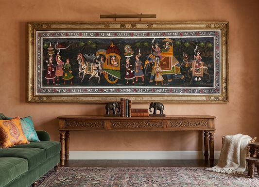 Royal Procession Painting Handmade Rajasthani Folk Art on Fabric, Indian Royal Procession Wall Art, Traditional Ethnic Decor for Living Room