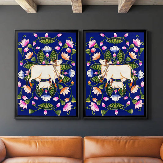 Pichwai Painting Of Cow, Set of 2 Detailed Traditional Indian Pichwai Painting For Home Decor, Wall Decor