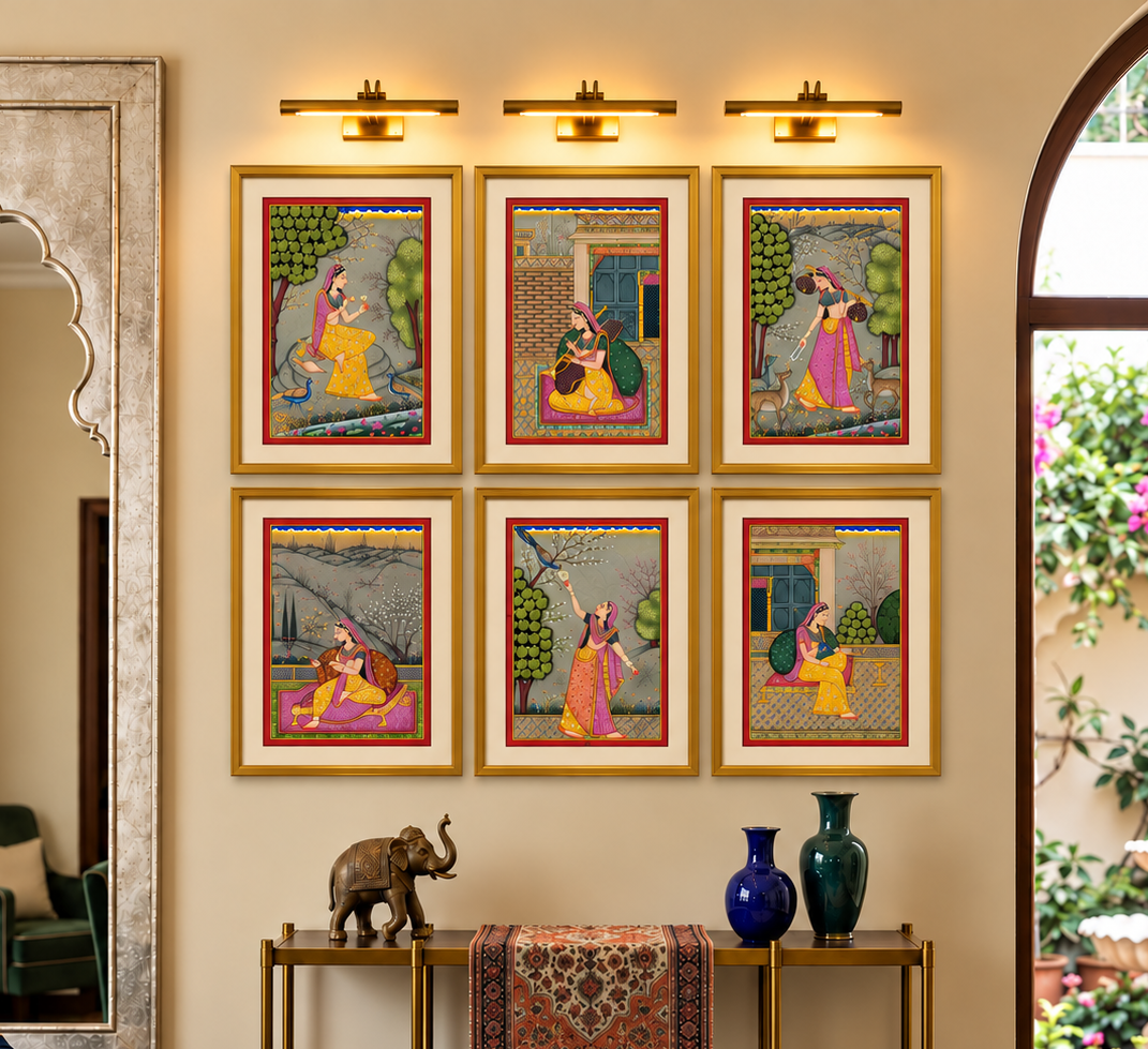 Sakhi Paintings Set of 6 | Hand-Painted Rajasthani Miniature Art | Framed