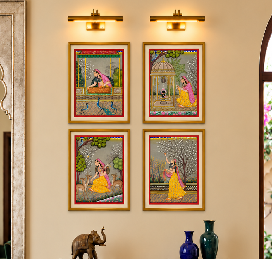 Sakhi Paintings Set of 4 | Hand-Painted Rajasthani Miniature Art | Framed
