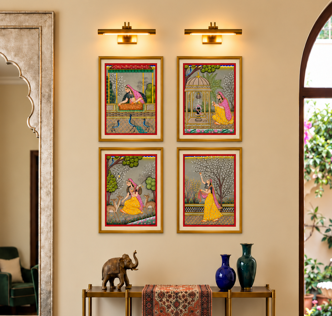 Sakhi Paintings Set of 4 | Hand-Painted Rajasthani Miniature Art | Framed