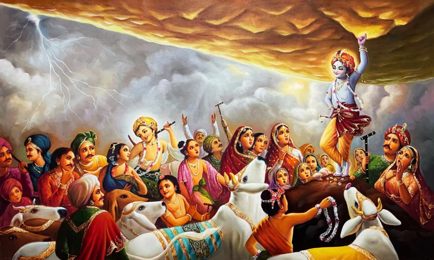 Krishna Lifting Mount Govardhan Handmade oil Painting On Canvas, Large Original Krishna Childhood Scene Wall Hanging Home Decorative Art
