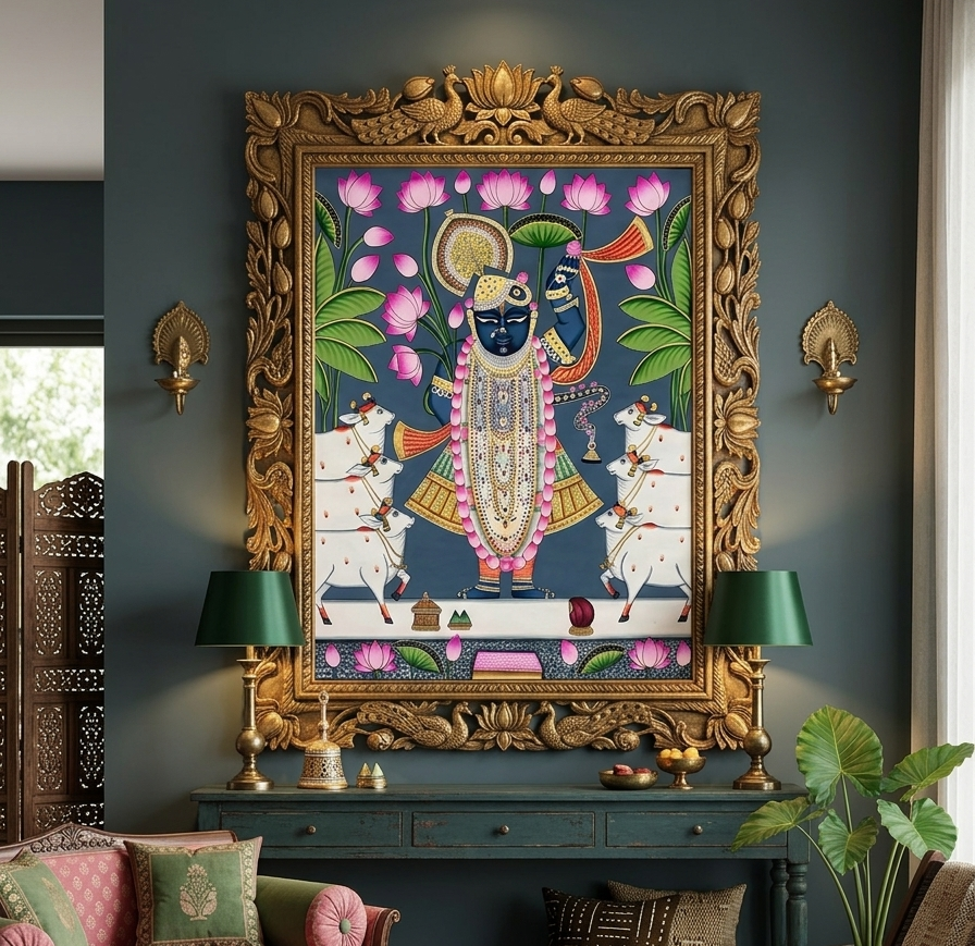 Shrinathji Pichwai Painting, Large Pichwai, Handmade Pichwai Art on cloth Indian Decor, Wall Art, Home Decor Gift