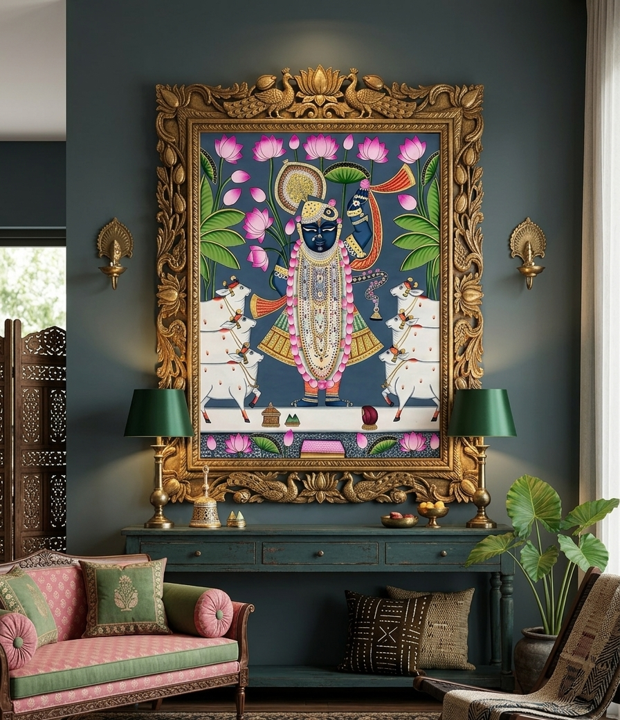 Shrinathji Pichwai Painting, Large Pichwai, Handmade Pichwai Art on cloth Indian Decor, Wall Art, Home Decor Gift