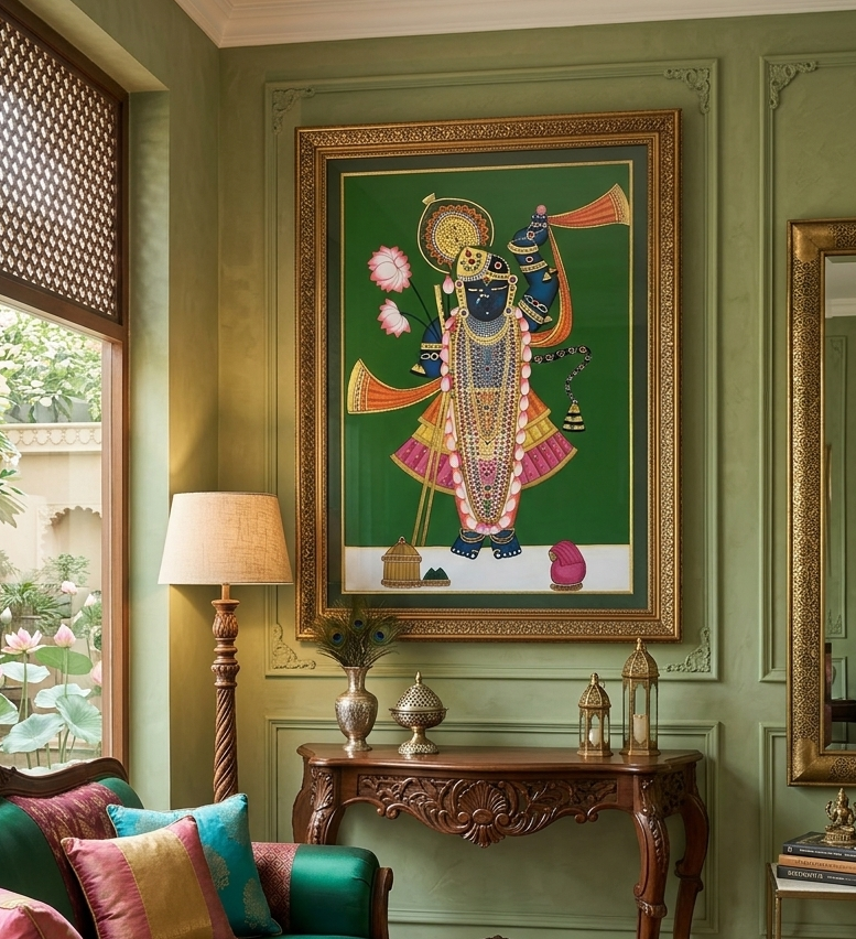 Shreenathji and Lotus Pichwai Art Painting For Home Decor, Traditional Handmade Wall Painting Of Beautiful Shrinathji