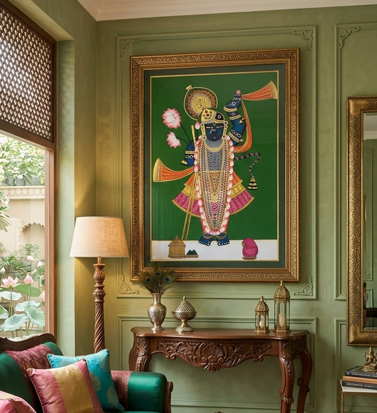 Shreenathji and Lotus Pichwai Art Painting For Home Decor, Traditional Handmade Wall Painting Of Beautiful Shrinathji