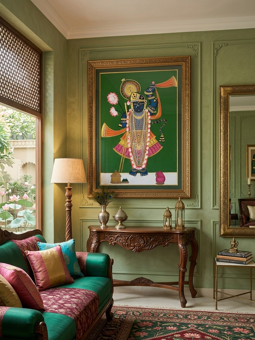 Shreenathji and Lotus Pichwai Art Painting For Home Decor, Traditional Handmade Wall Painting Of Beautiful Shrinathji