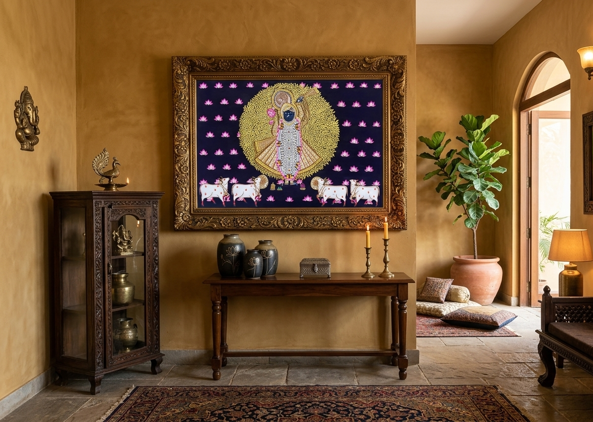 Shreenathji Pichwai Art Painting for Home Decor, Traditional Handmade Shri Nath Ji Wall Painting, Nathdwara Style Krishna Artwork, Indian Spiritual Art