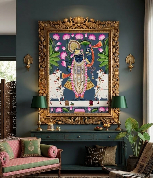 Shrinathji Pichwai Painting, Large Pichwai, Handmade Pichwai Art on cloth Indian Decor, Wall Art, Home Decor Gift