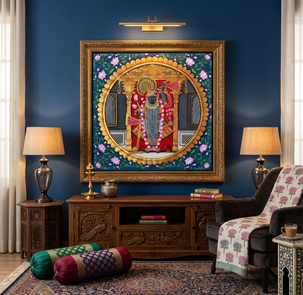 Shrinathji Pichwai Painting | Handmade Large Pichwai Art on Cloth | Traditional Indian Wall Decor