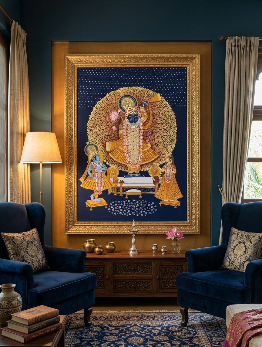 Shreenathji Pichwai Art Painting for Home Decor, Traditional Handmade Shri Nath Ji Wall Painting, Nathdwara Style Krishna Artwork, Indian Spiritual Art