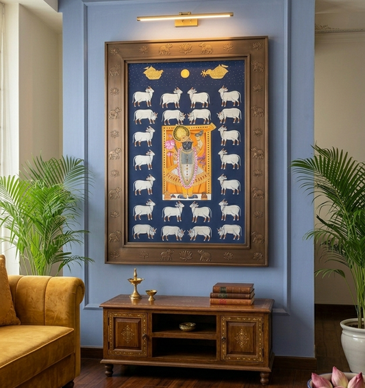 Shreenathji Painting on Canvas – Authentic Pichwai Art of Lord Krishna | Hindu Temple Wall Decor | Indian Spiritual Art