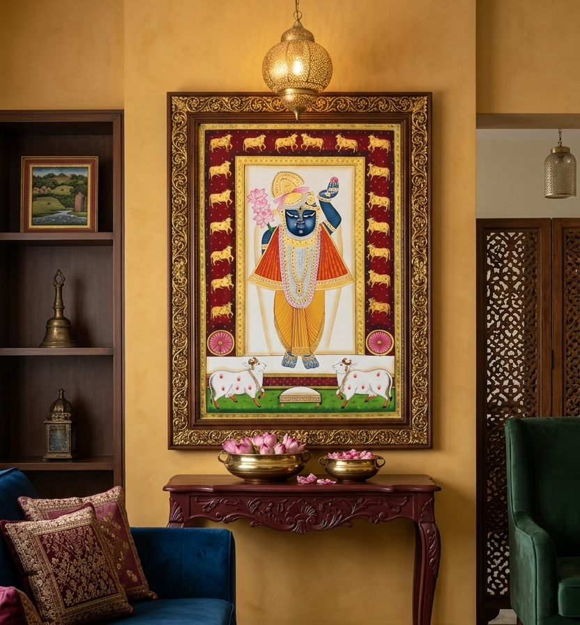 Shreenathji Lotus Pichwai Painting | Traditional Indian Wall Art