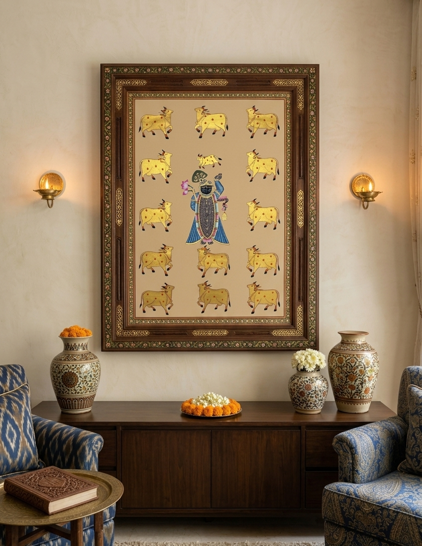 Shreenathji Pichwai Art Painting for Home Decor, Traditional Handmade Shri Nath Ji Wall Painting, Nathdwara Style Krishna Artwork, Indian Spiritual Art