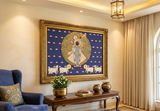 Shreenathji and Lotus Pichwai Art Painting For Home Decor, Traditional Handmade Wall Painting Of Beautiful Shri Nath Ji