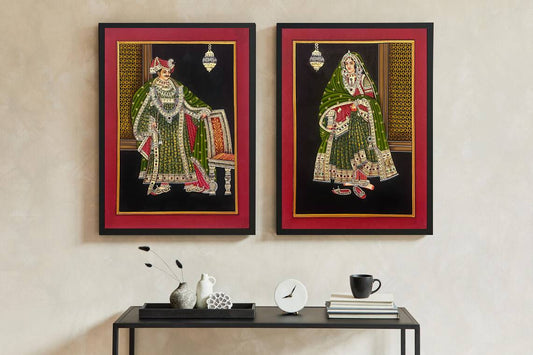 King and Queen Portrait Miniature Painting On Paper, Wall Painting, Wall Hanging-Framed