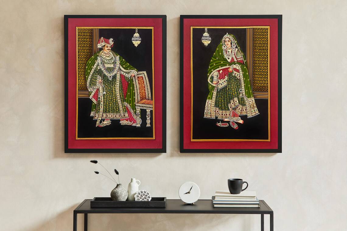 King and Queen Portrait Miniature Painting On Paper, Wall Painting, Wall Hanging-Framed