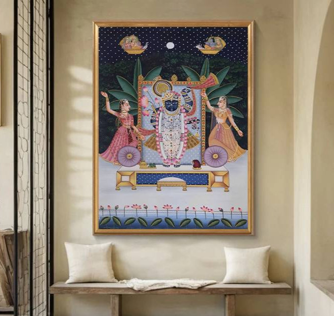 Shreenathji Pichwai Painting, Wall Decor, Natural Stone color on cloth Indian Decor Paintings, Wall art, Home decor - Jaipur Earth
