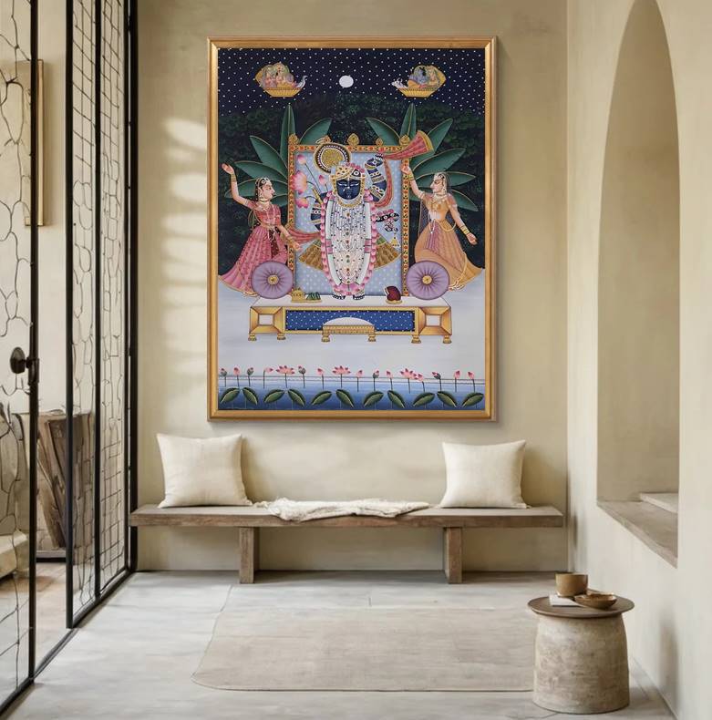 Shreenathji Pichwai Painting, Wall Decor, Natural Stone color on cloth Indian Decor Paintings, Wall art, Home decor - Jaipur Earth
