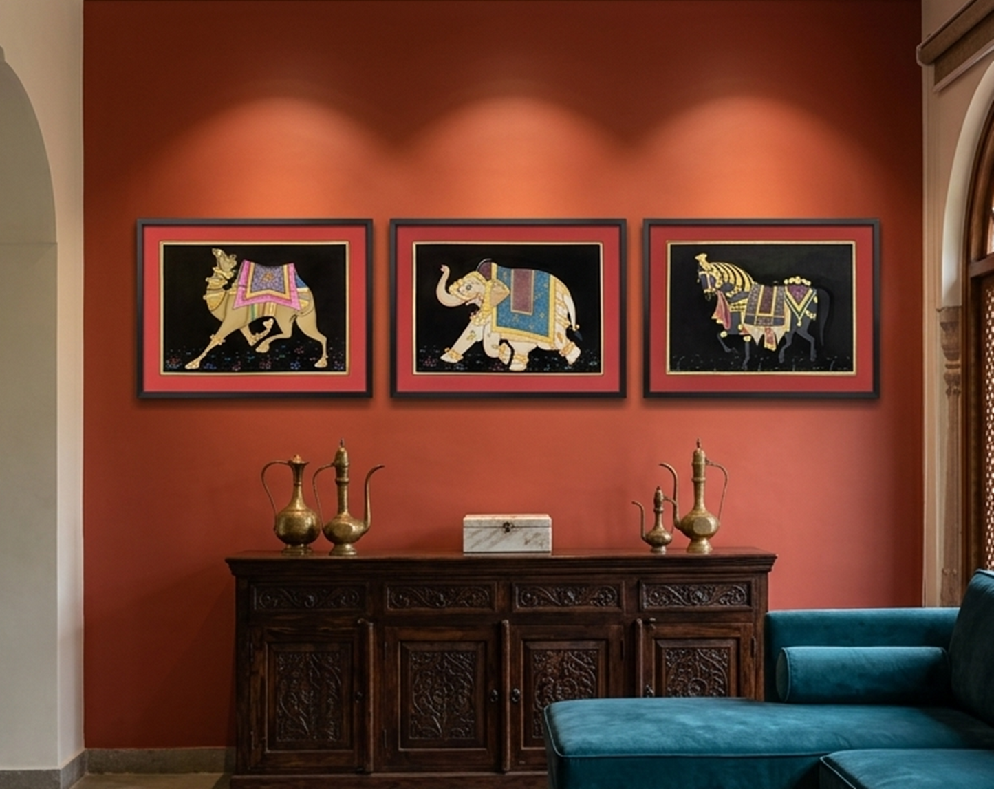 Trio Elephant, Horse, Camel Set of 3 Indian Miniature Wall Art, Framed