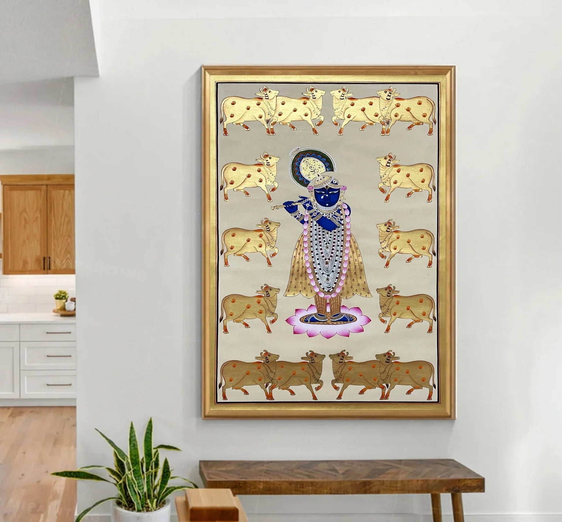 Pichwai Painting of Shreenathji and Lotus, Art For Home Decor, Beautiful Shreenathji In Kamal Talai on cloth, Home Decor, Wall art - Jaipur Earth