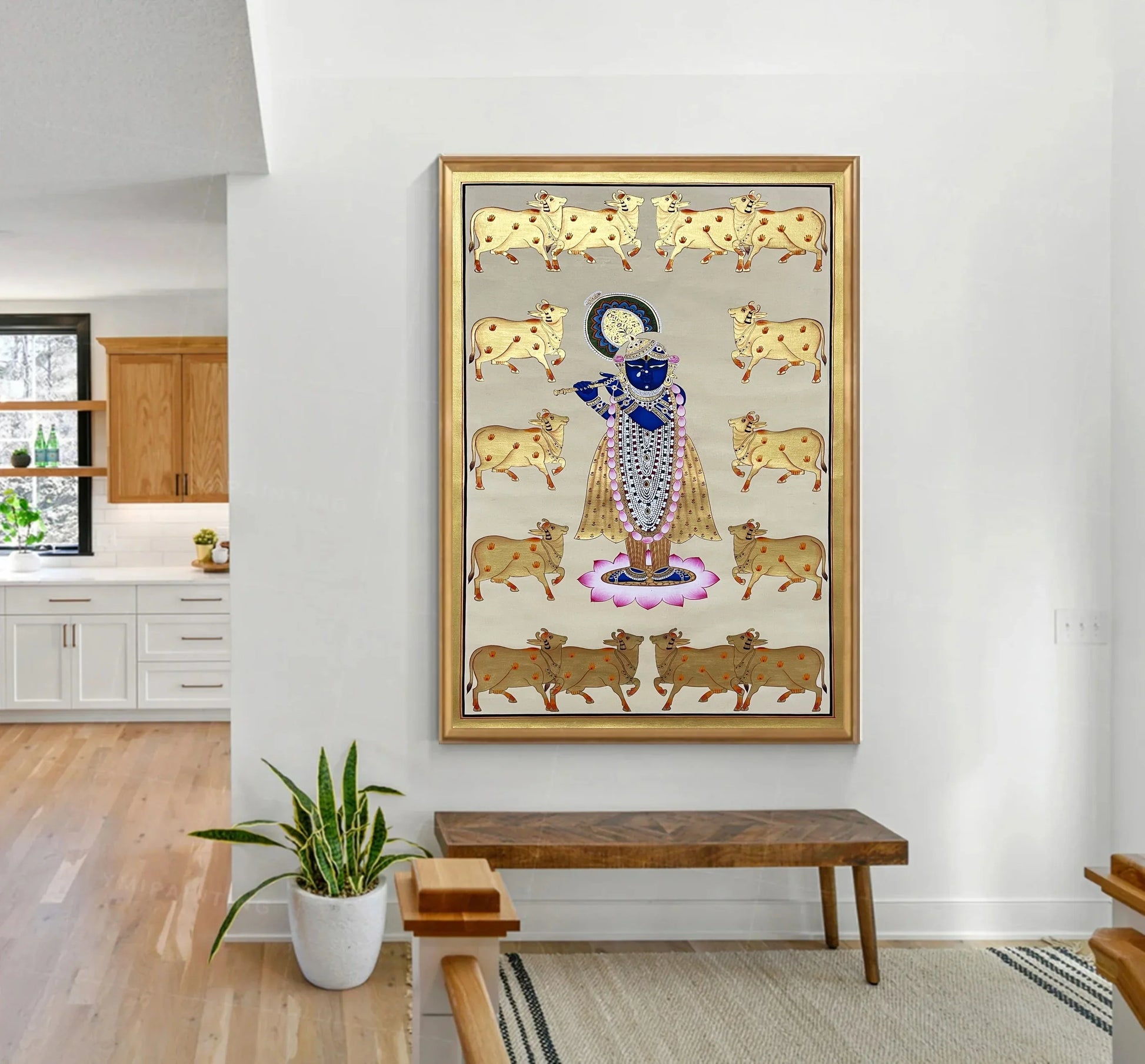 Pichwai Painting of Shreenathji and Lotus, Art For Home Decor, Beautiful Shreenathji In Kamal Talai on cloth, Home Decor, Wall art - Jaipur Earth