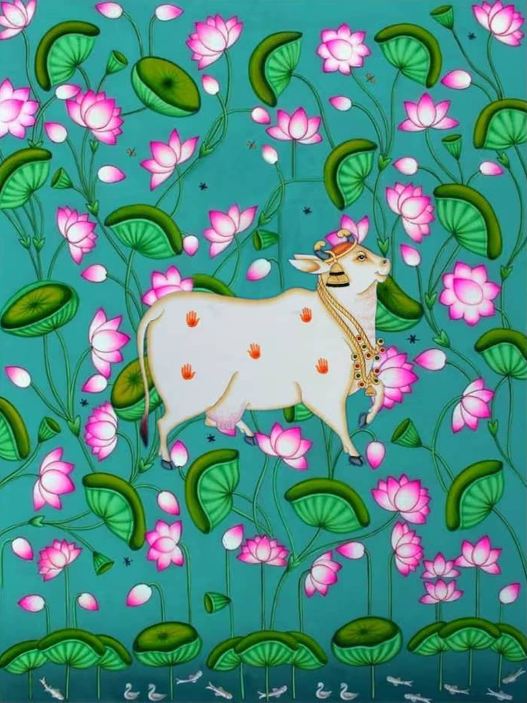 Hand-painted Pichwai art of sacred cow surrounded by pink lotus flowers and green leaves