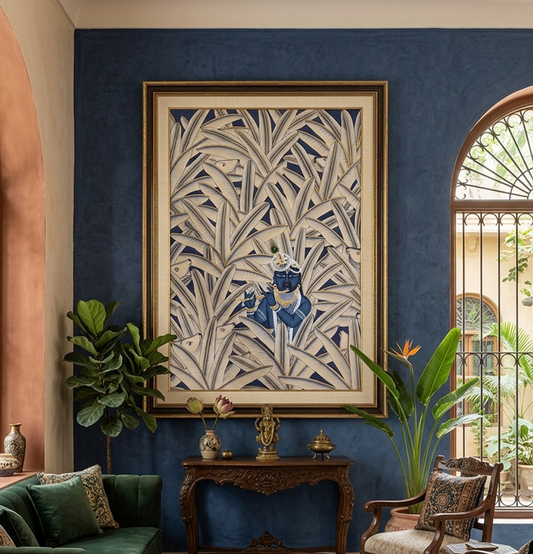 Krishna in Banana Trees, Hand Painted Pichwai Painting, Home Decor, Wall Decor