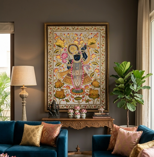 Shrinathji Pichwai Painting, Large Pichwai, Handmade Pichwai Art on cloth Indian Decor, Wall Art, Home Decor Gift