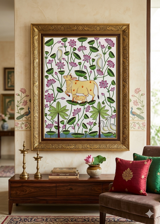 Indian Pichwai Cow Painting – Modern Traditional Wall Decor, Handmade Art