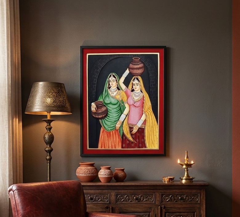 Rajasthani Women Miniature Painting on Paper – Hand-Painted Indian Folk Art – Framed