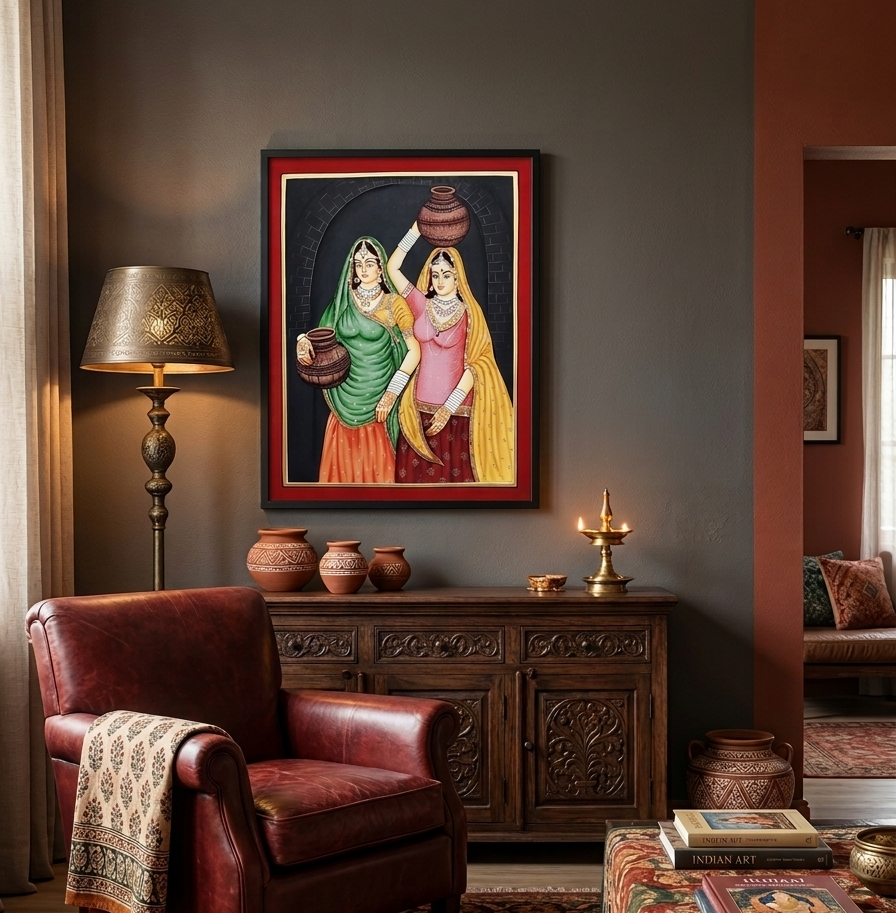 Rajasthani Women Miniature Painting on Paper – Hand-Painted Indian Folk Art – Framed