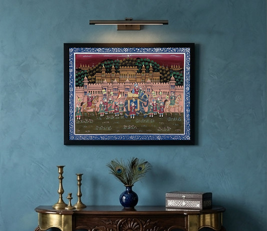 Royal Procession Detailed Hand Painted Artwork, Rajasthani Painting, Framed