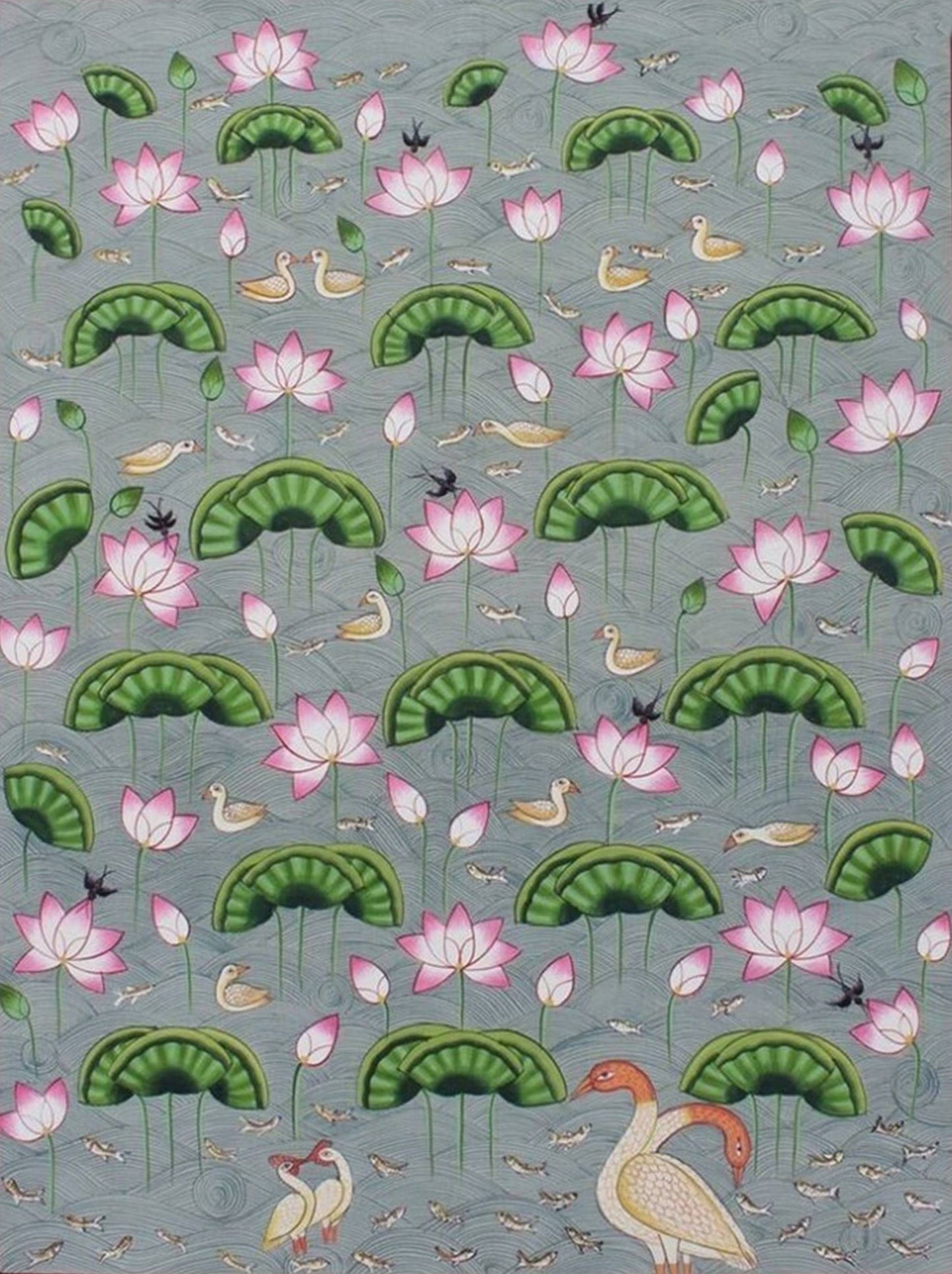 Hand-painted Pichwai art with pink lotus flowers, green leaves, ducks, and fish in water.