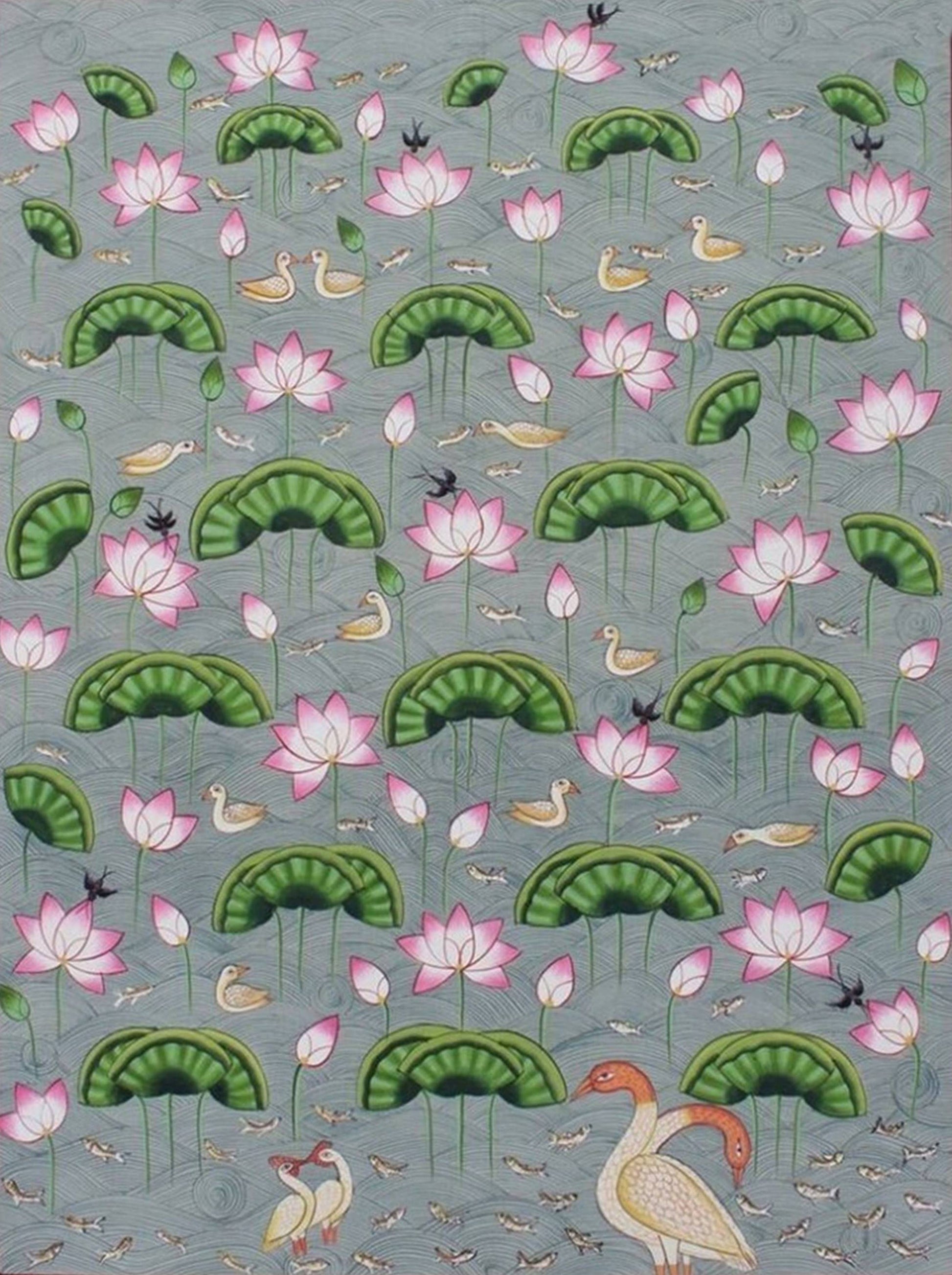 Hand-painted Pichwai art with pink lotus flowers, green leaves, ducks, and fish in water.